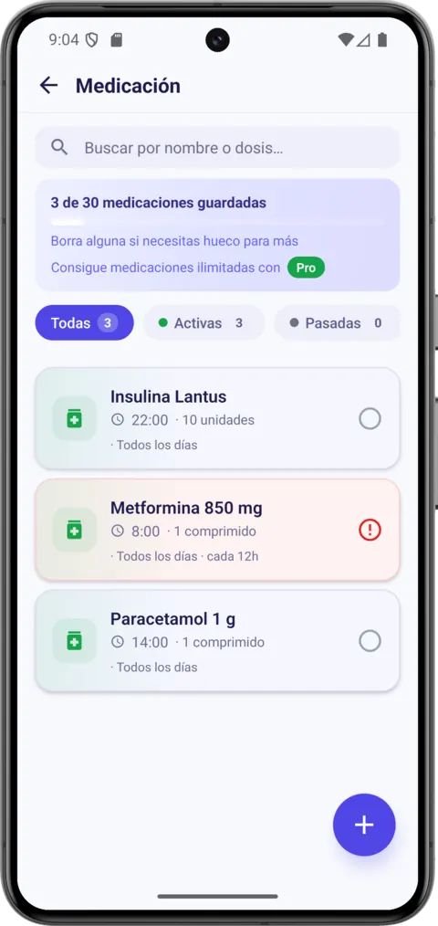 Each medication with its dose, frequency and duration, and automatic reminders.