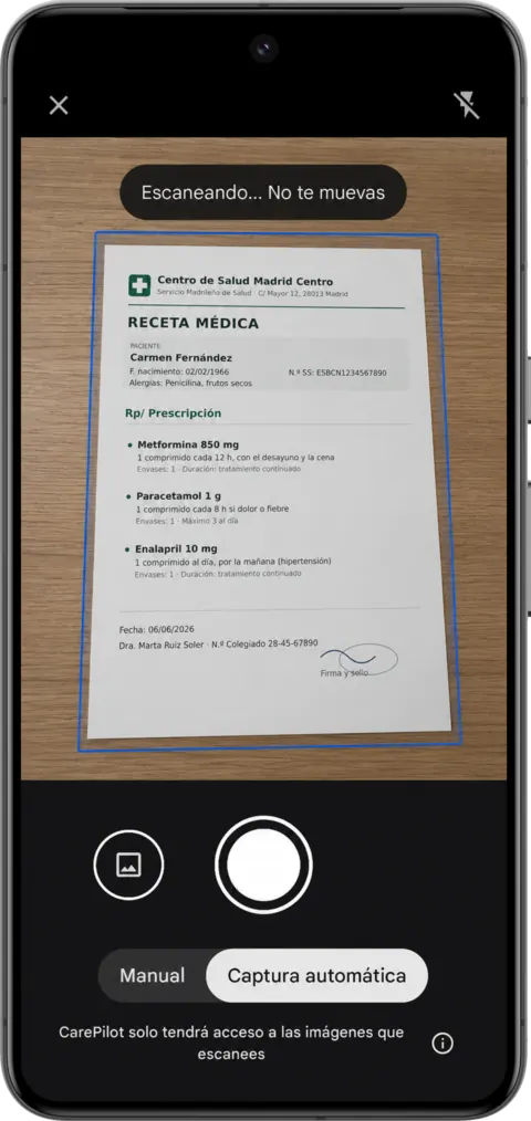 The AI scanner recognises prescriptions, appointments, receipts and reports, and fills in the data.