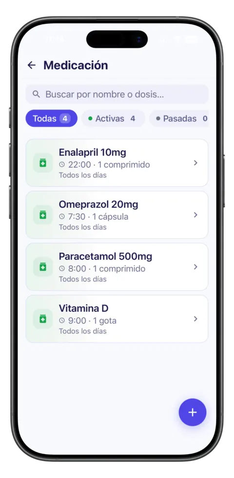 Each medication with its dose, frequency and duration, and automatic reminders.