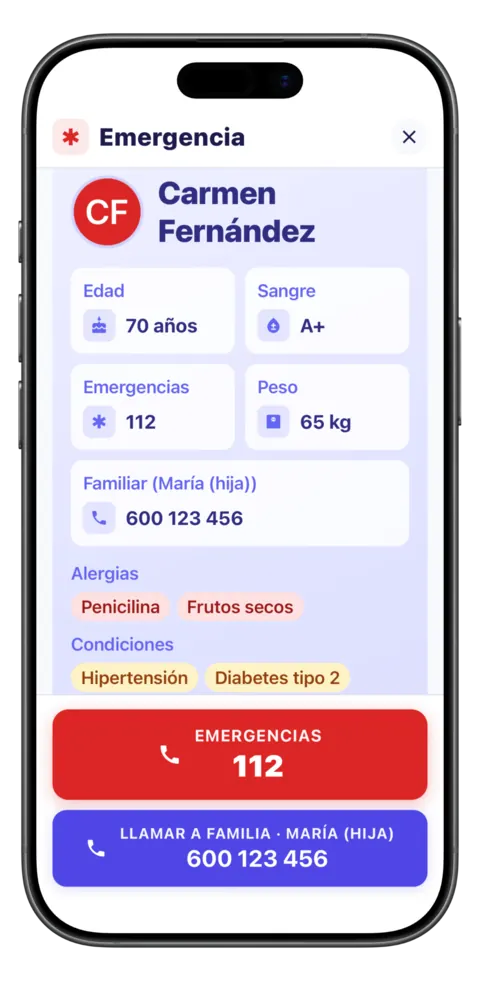 The SOS screen: medical record, allergies and emergency contacts, one tap away.
