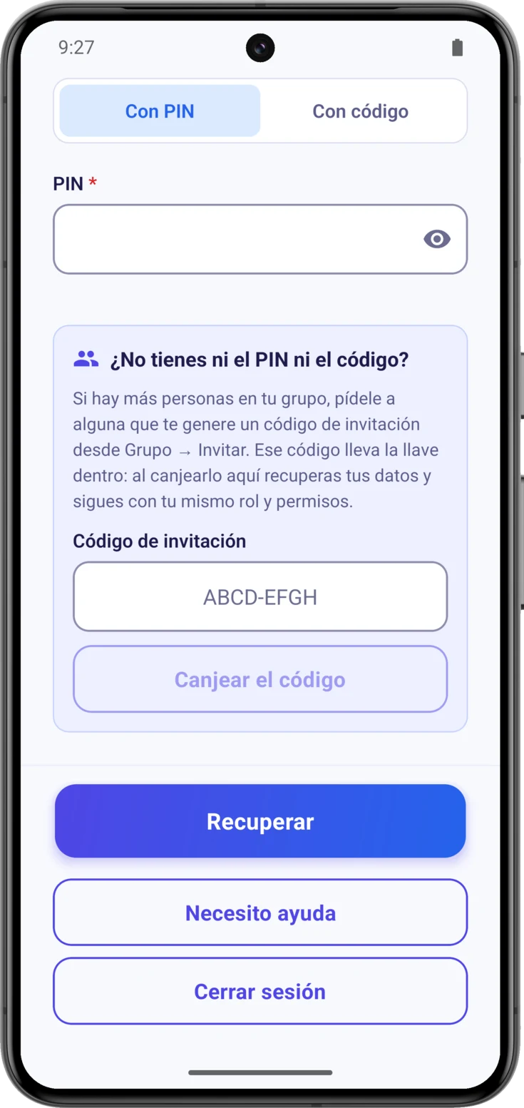 El bloque «¿No tienes ni el PIN ni el código?», con el campo para el código de invitación