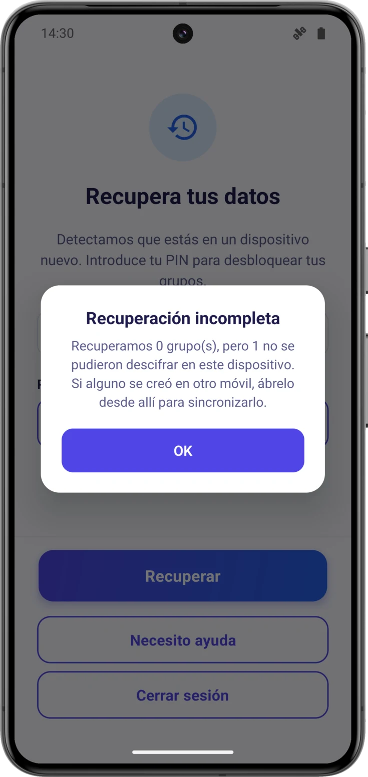 Aviso de recuperación incompleta, con el recuento de grupos recuperados y fallidos