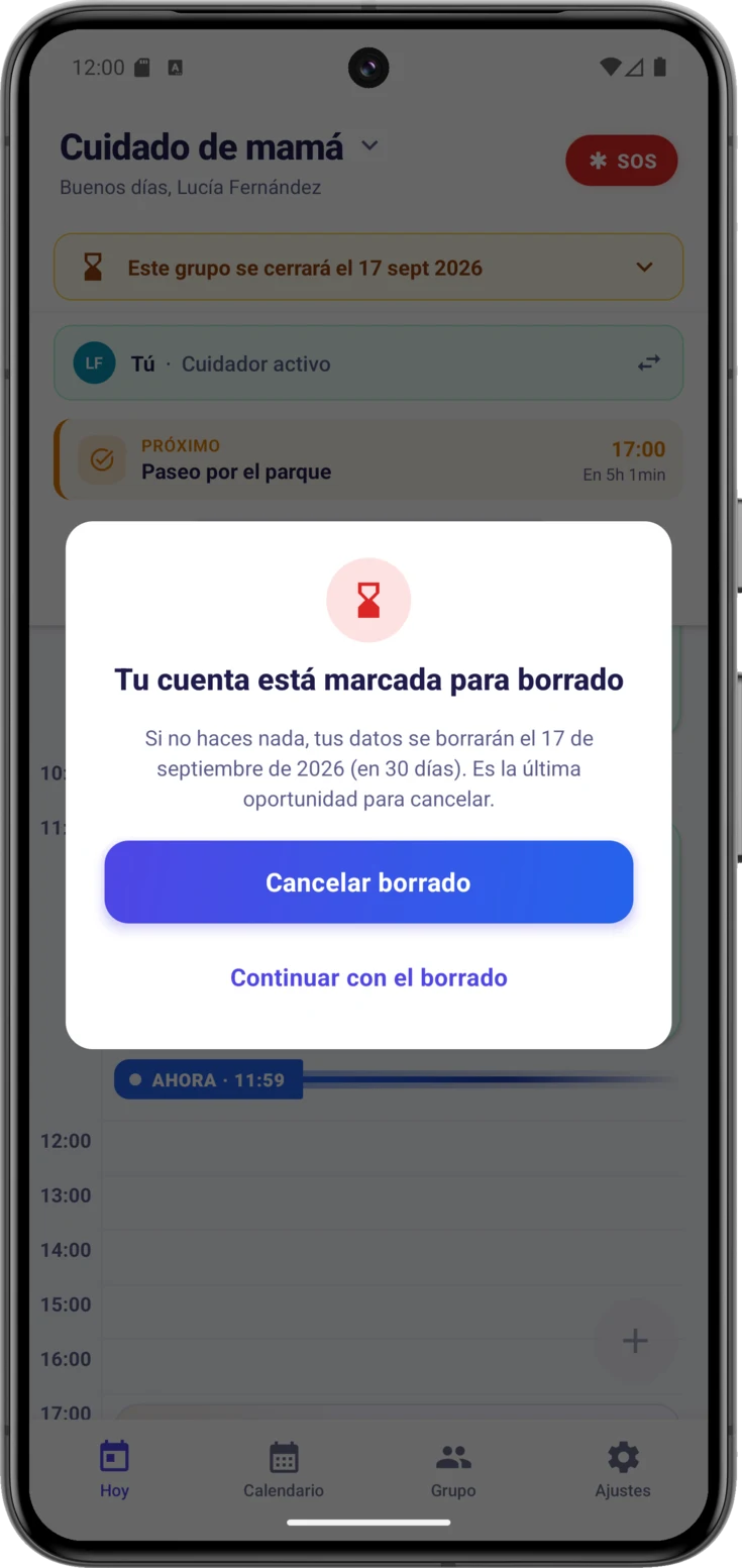 Ventana «Tu cuenta está marcada para borrado», con la fecha y los dos botones