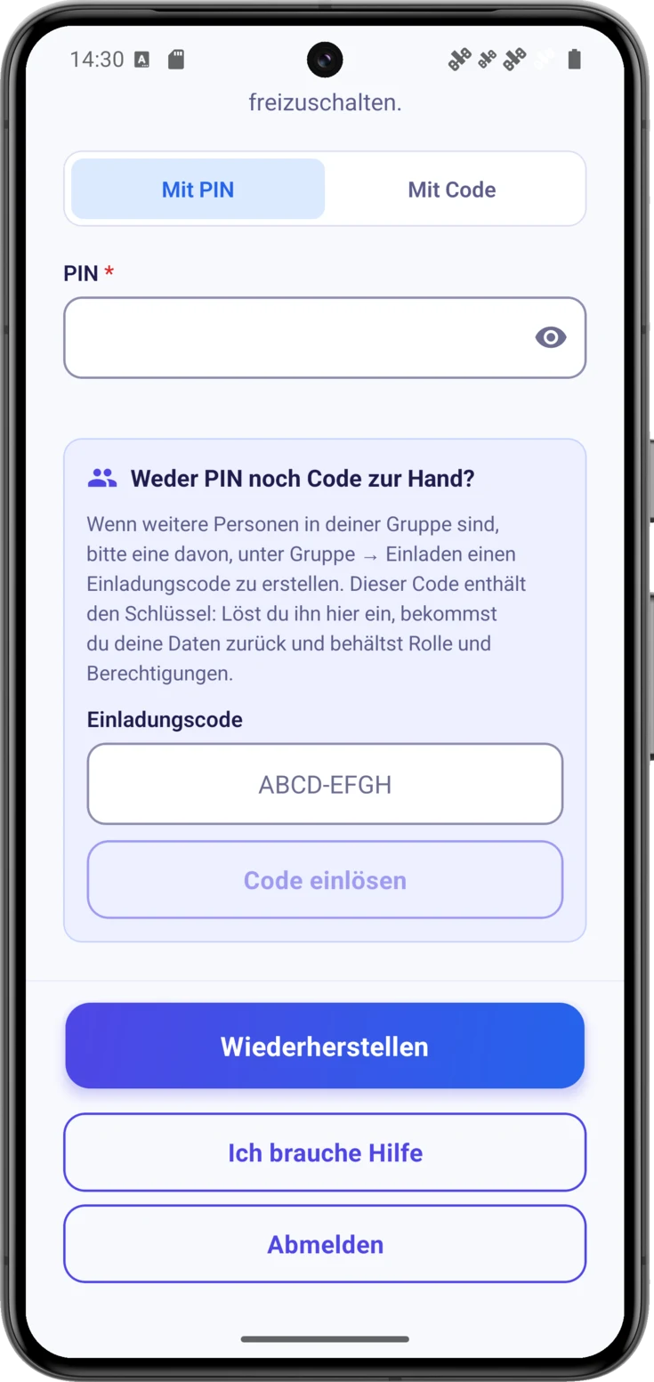 Der Block «Weder PIN noch Code zur Hand?», mit dem Feld für den Einladungscode