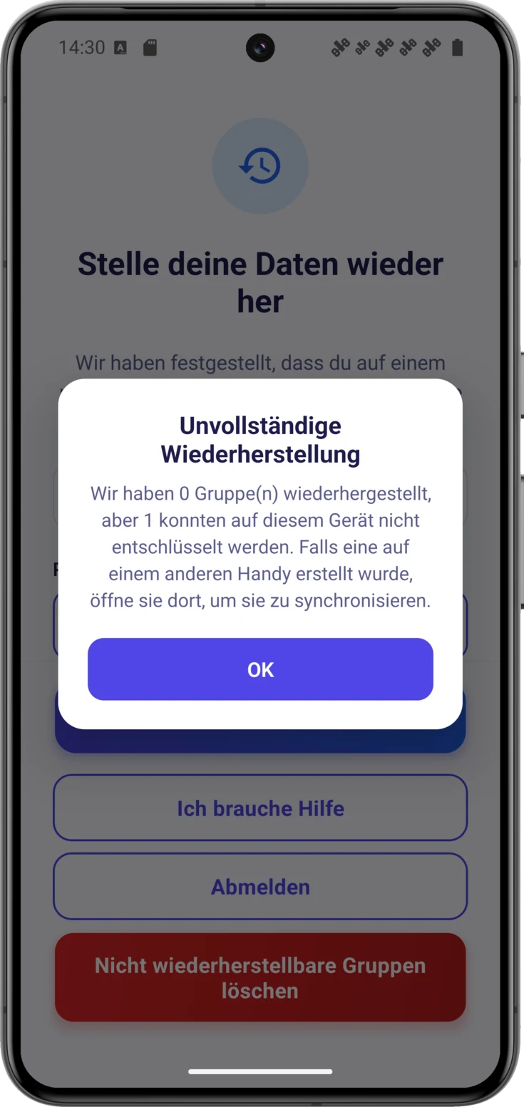 Hinweis auf eine unvollständige Wiederherstellung, mit der Anzahl der wiederhergestellten und der fehlgeschlagenen Gruppen