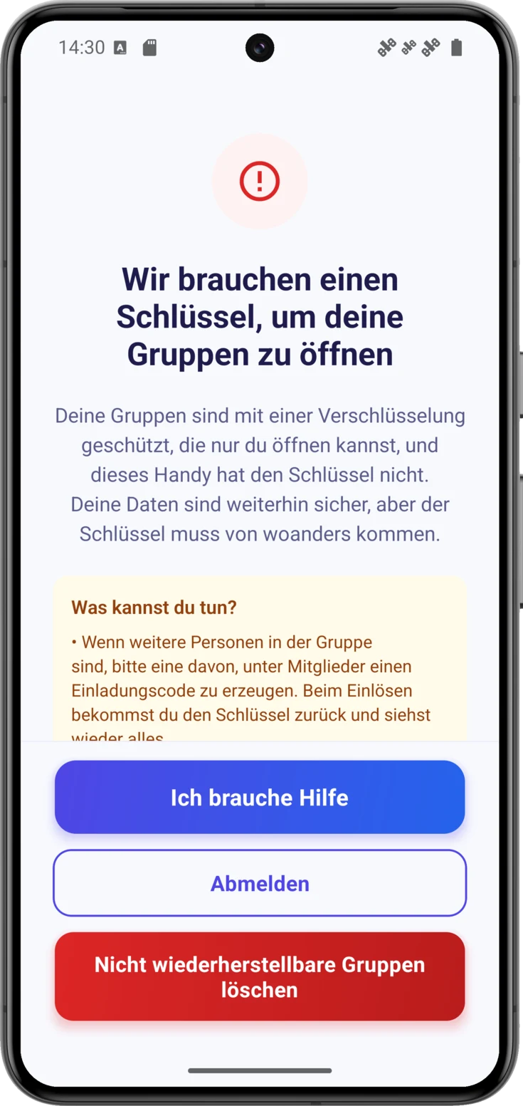 Bildschirm «Wir brauchen einen Schlüssel», mit den drei Möglichkeiten und den Knöpfen ganz unten