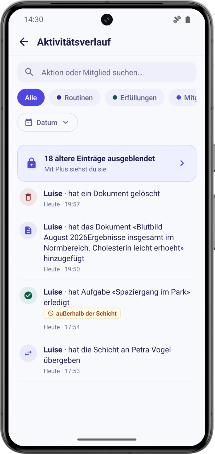 Hinweis auf ausgeblendete ältere Einträge, über der Liste