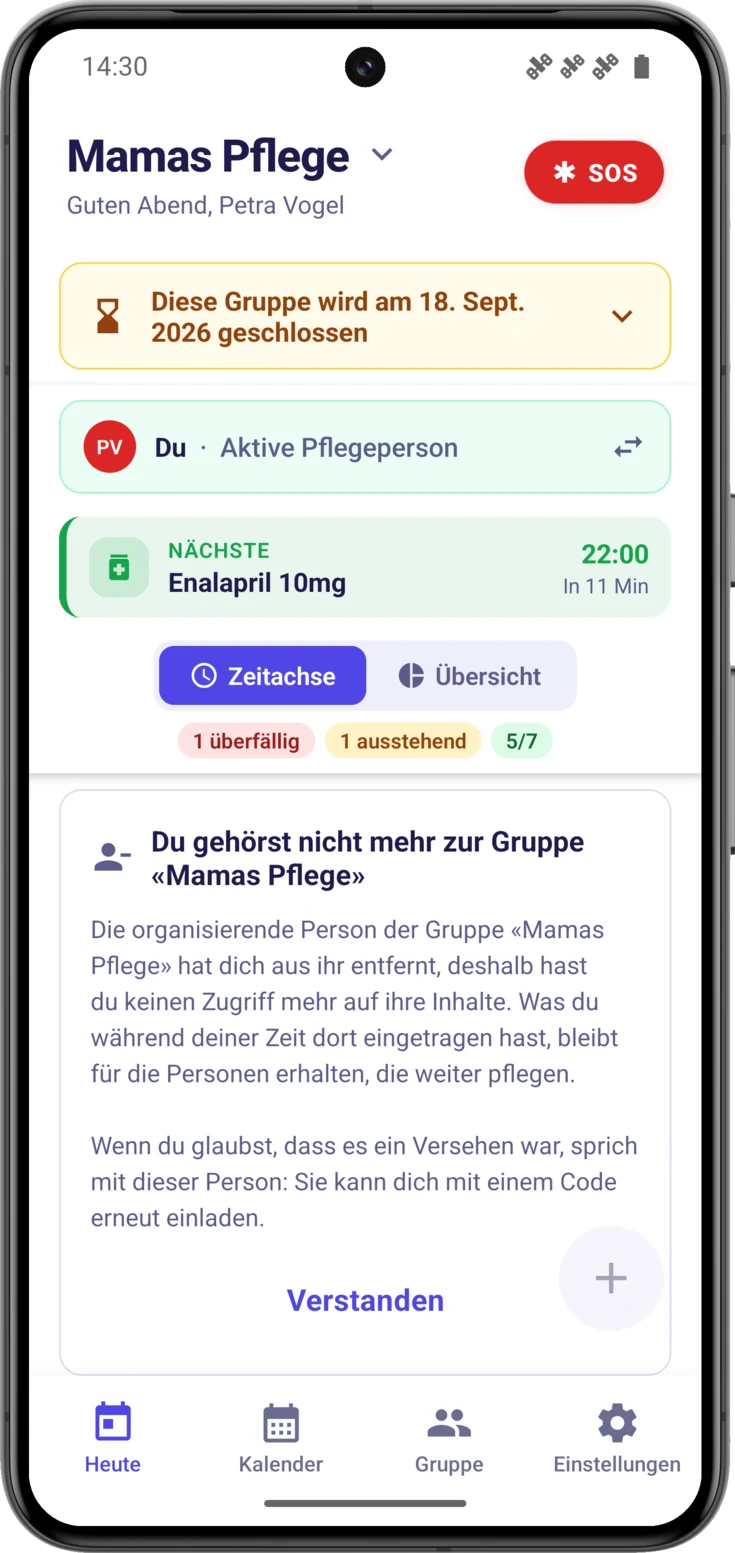 Karte «Du gehörst nicht mehr zur Gruppe…», über der Zeitachse und mit dem Button Verstanden
