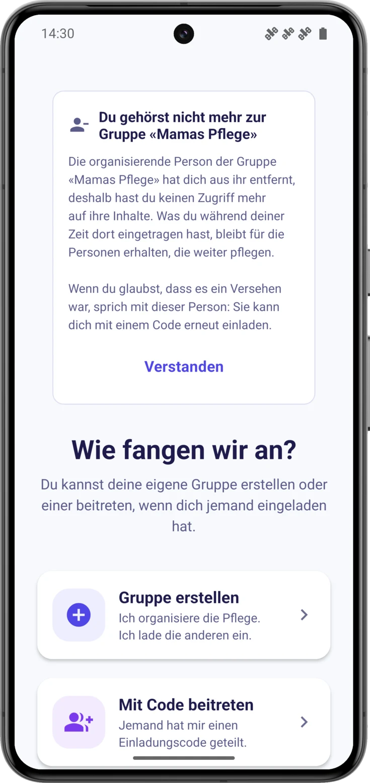 «Wie fangen wir an?» mit der Hinweiskarte darüber und «Abmelden» unten