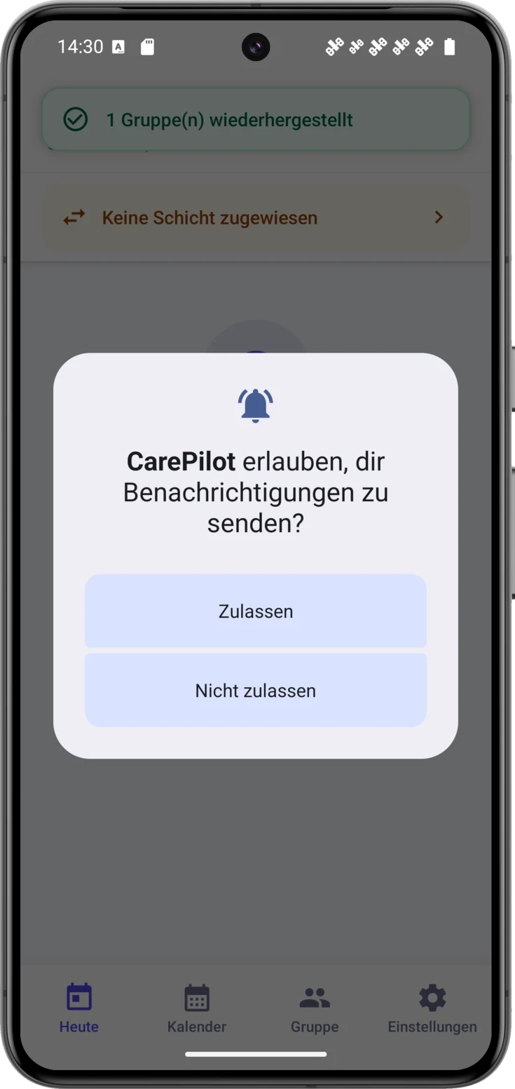 Systemdialog, der um die Erlaubnis für Benachrichtigungen bittet, über dem Bildschirm Heute
