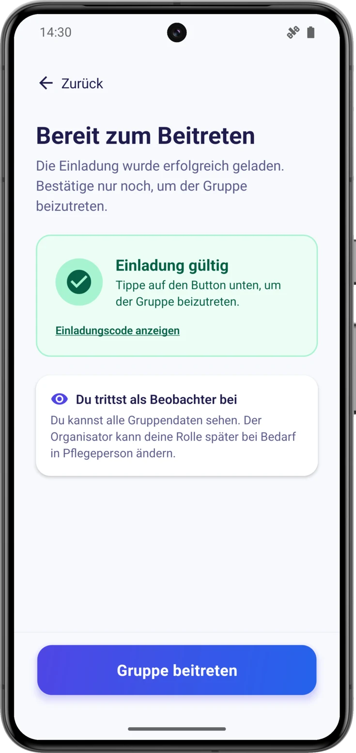 Bildschirm «Bereit zum Beitreten» mit der grünen Karte für eine gültige Einladung