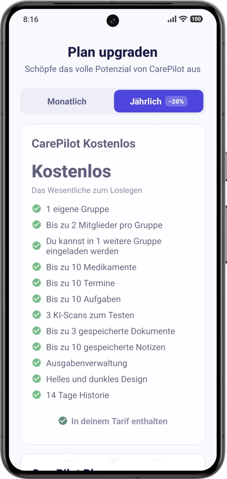 Der obere Teil des Bildschirms, mit dem Umschalter Monatlich/Jährlich und der ersten Karte