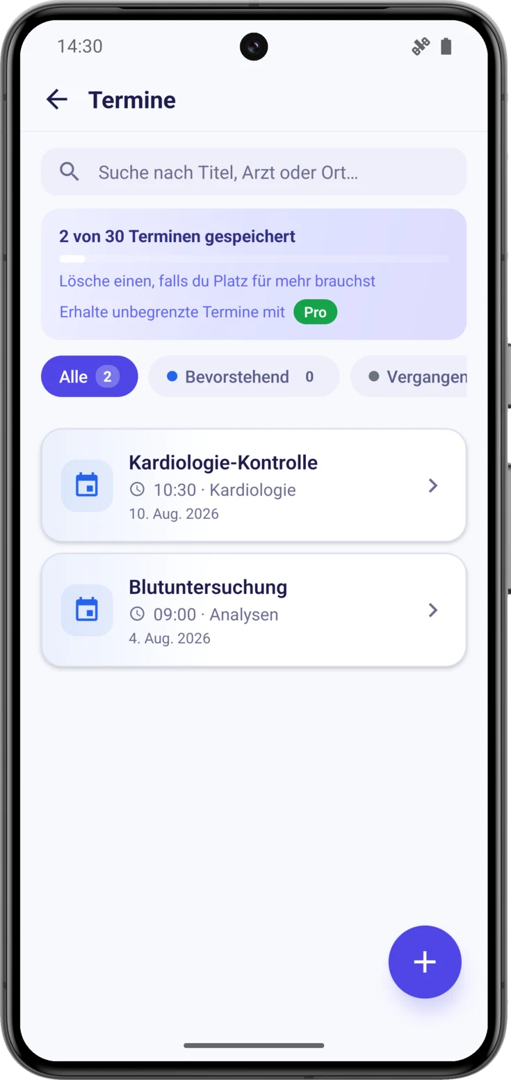 Liste der Termine, mit «Bevorstehend» im zweiten Filter