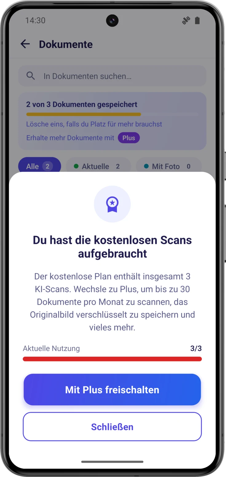 Hinweis auf aufgebrauchte Scans, mit der aktuellen Nutzung und dem Button zum Upgraden