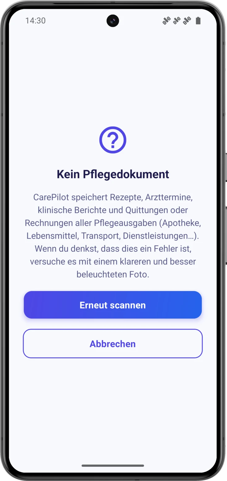 Hinweis, wenn die KI das Papier nicht erkennt, mit «Erneut scannen» und «Abbrechen»