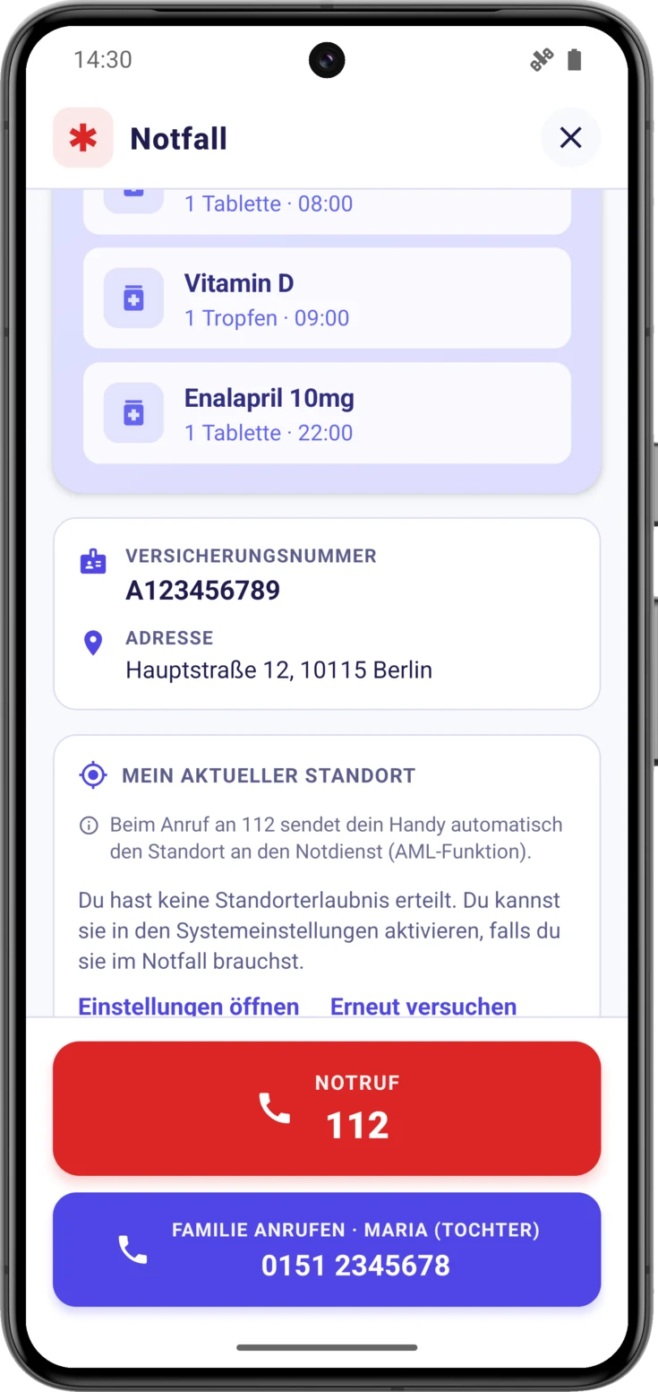 Die Karte bei verweigerter Berechtigung, mit «Einstellungen öffnen» und «Erneut versuchen»