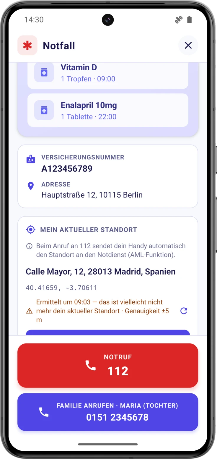 Zeile mit Uhrzeit und Genauigkeit, mit dem bernsteinfarbenen Hinweis auf einen veralteten Standort