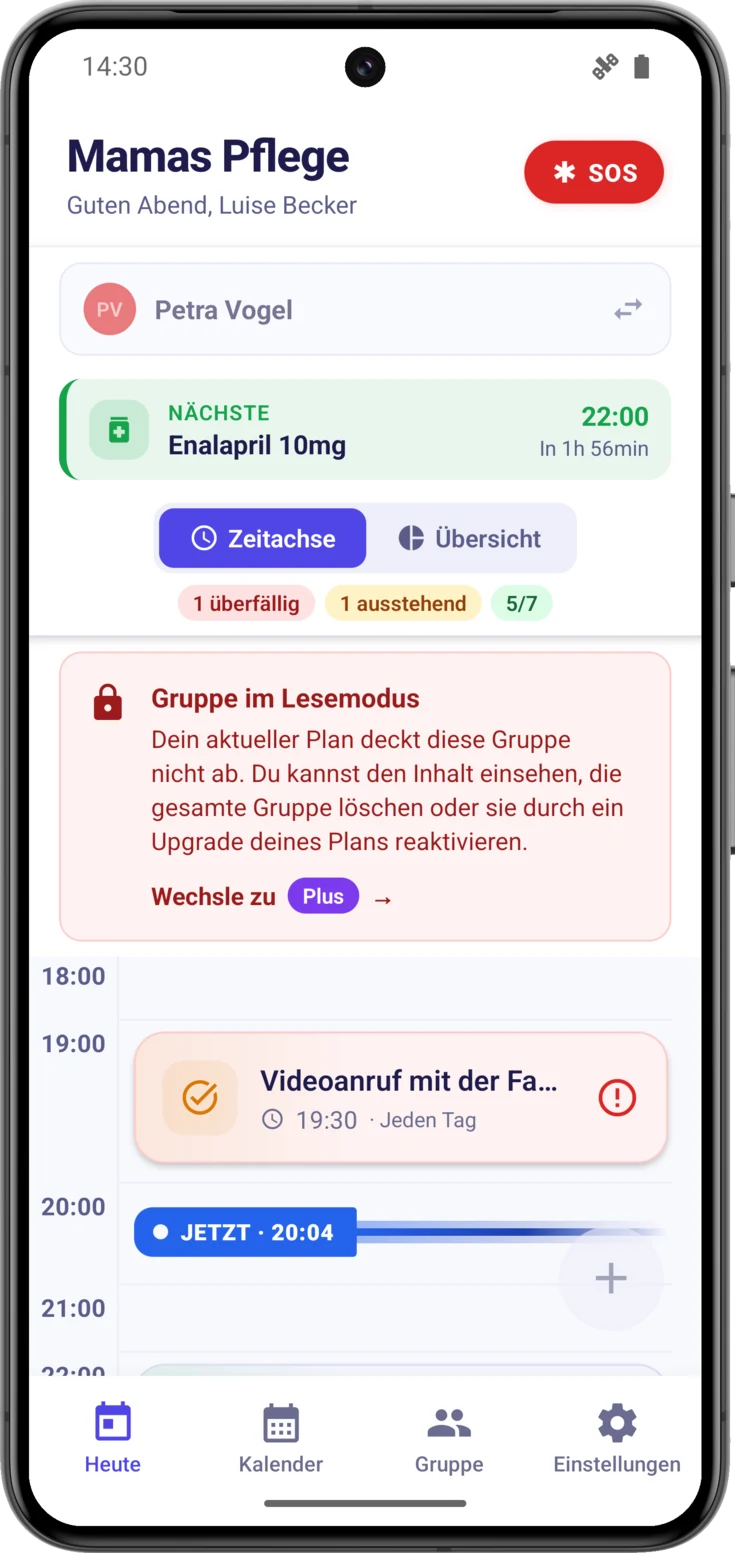 Roter Banner «Gruppe im Lesemodus» auf dem Bildschirm Heute