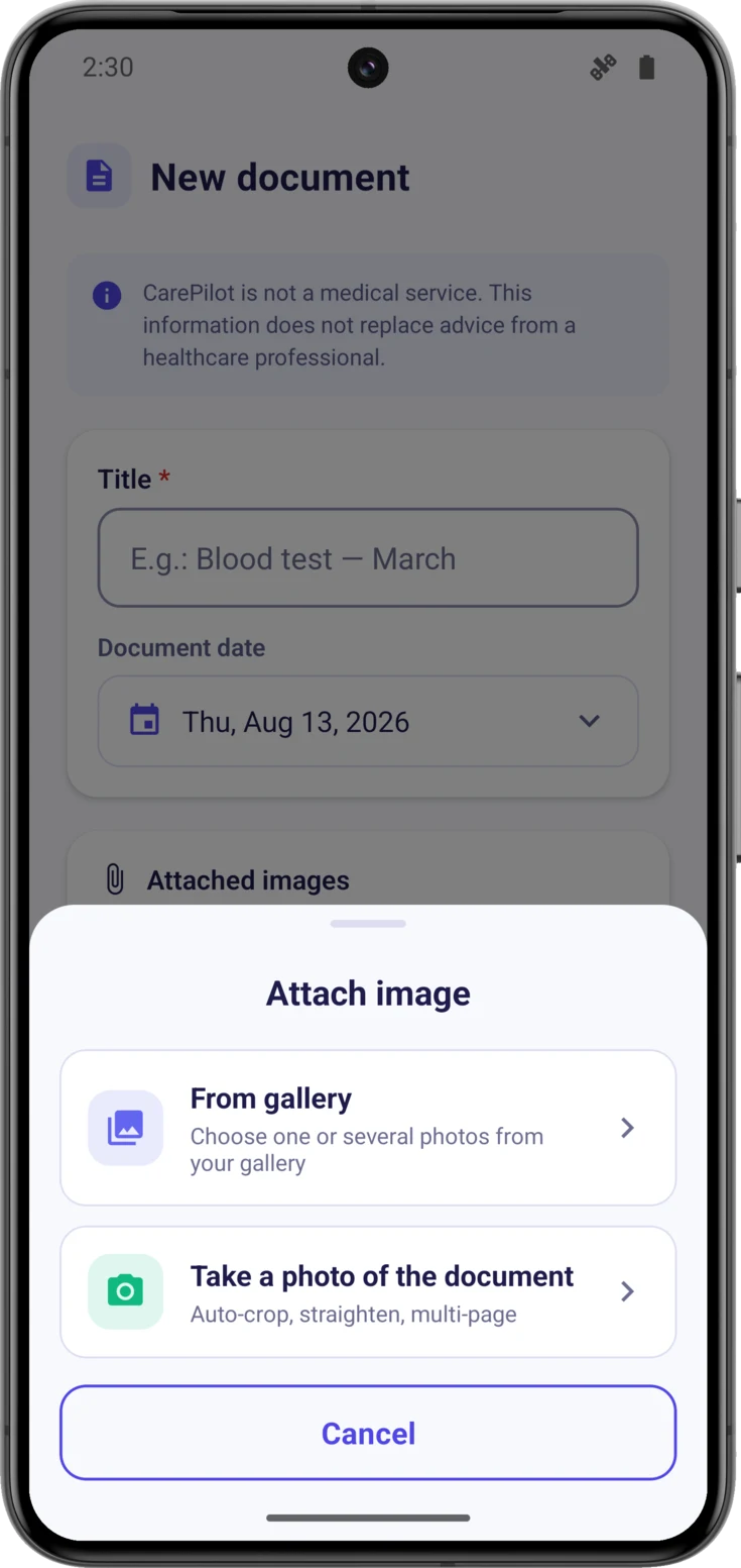 The «Attach image» sheet, with the two ways of doing it