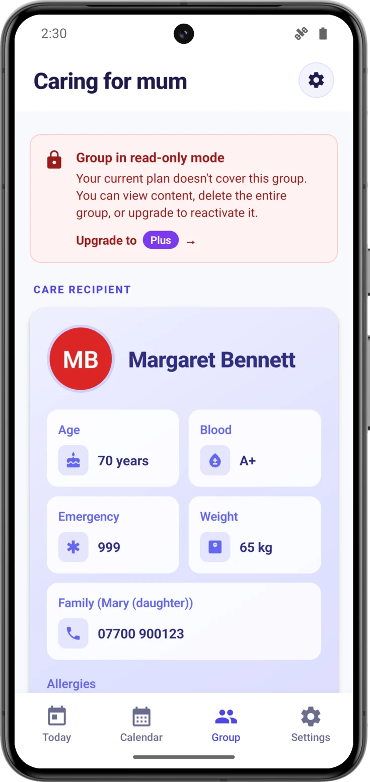 The red «Group in read-only mode» banner heading the Group screen