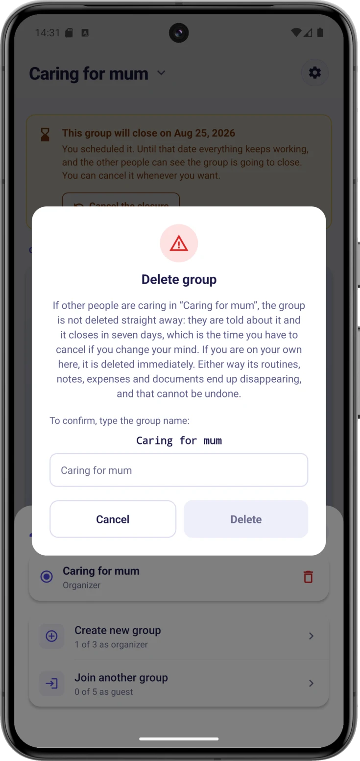 The «Delete group» dialogue, with the name still to be typed and the delete button switched off