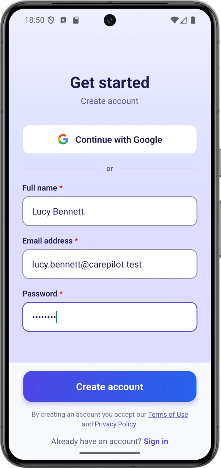 Create account button