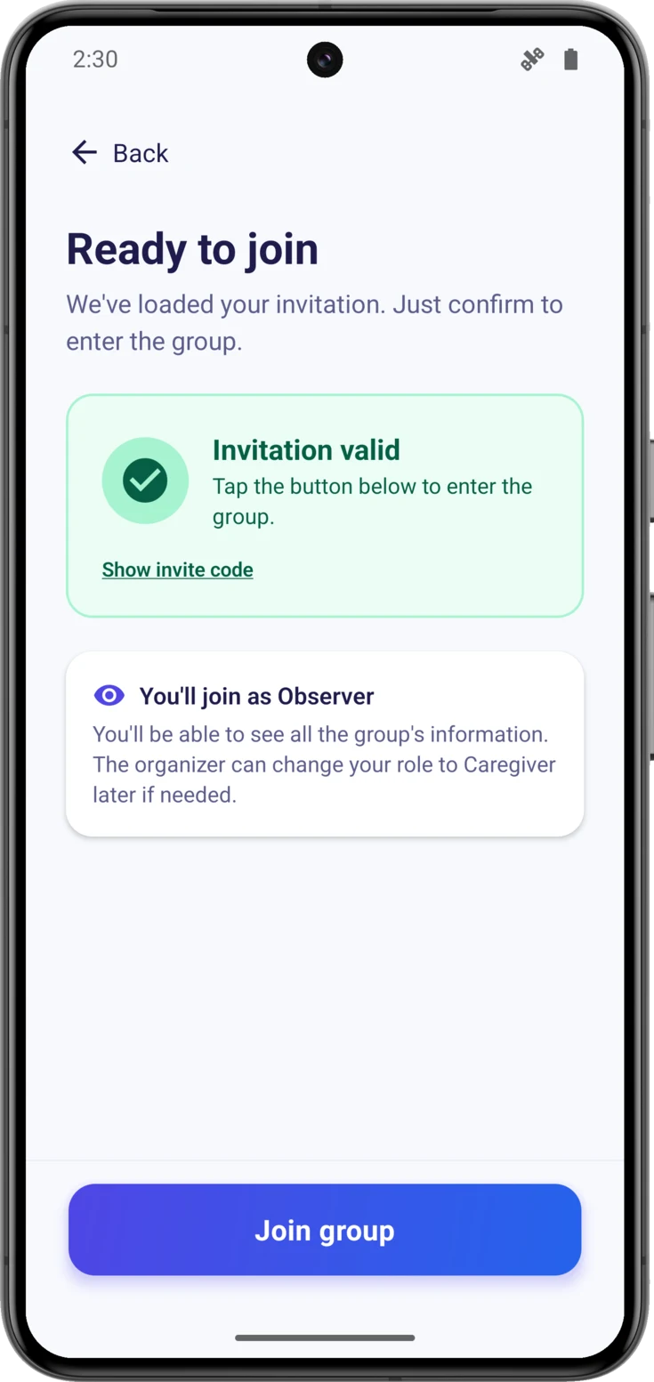 The «Ready to join» screen with the green card for a valid invitation