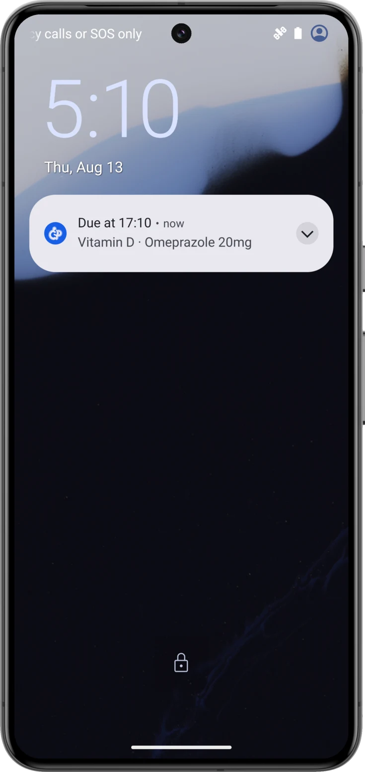 The alert on the lock screen, with the time and what is due at that time