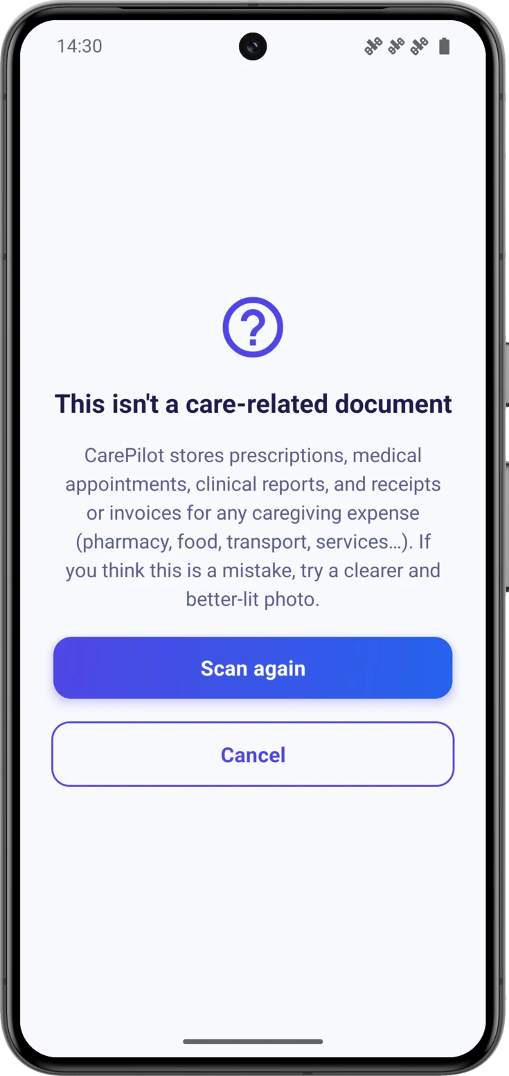 The notice when the AI does not recognize the paper, with «Scan again» and «Cancel»