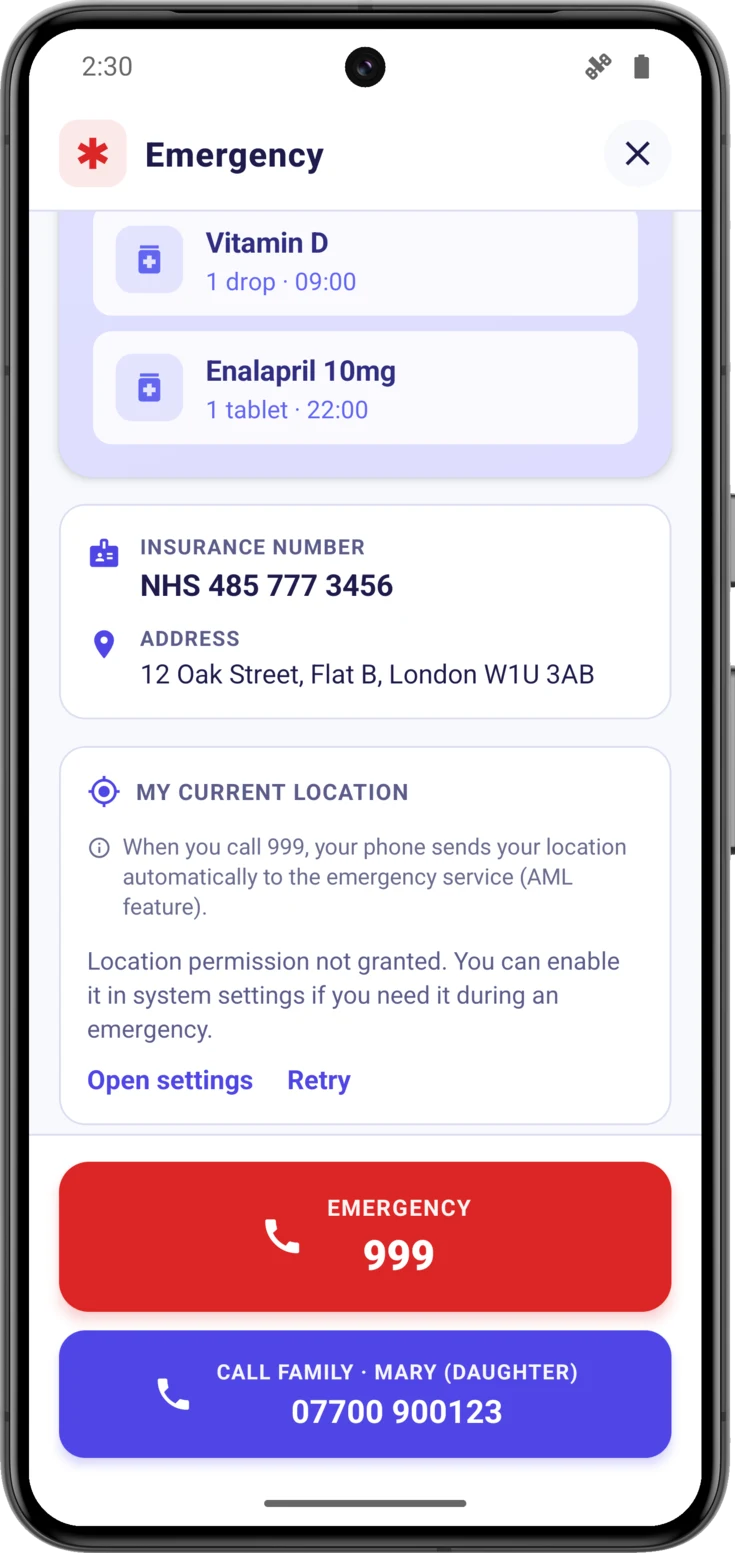 The card when permission has been denied, with «Open settings» and «Retry»