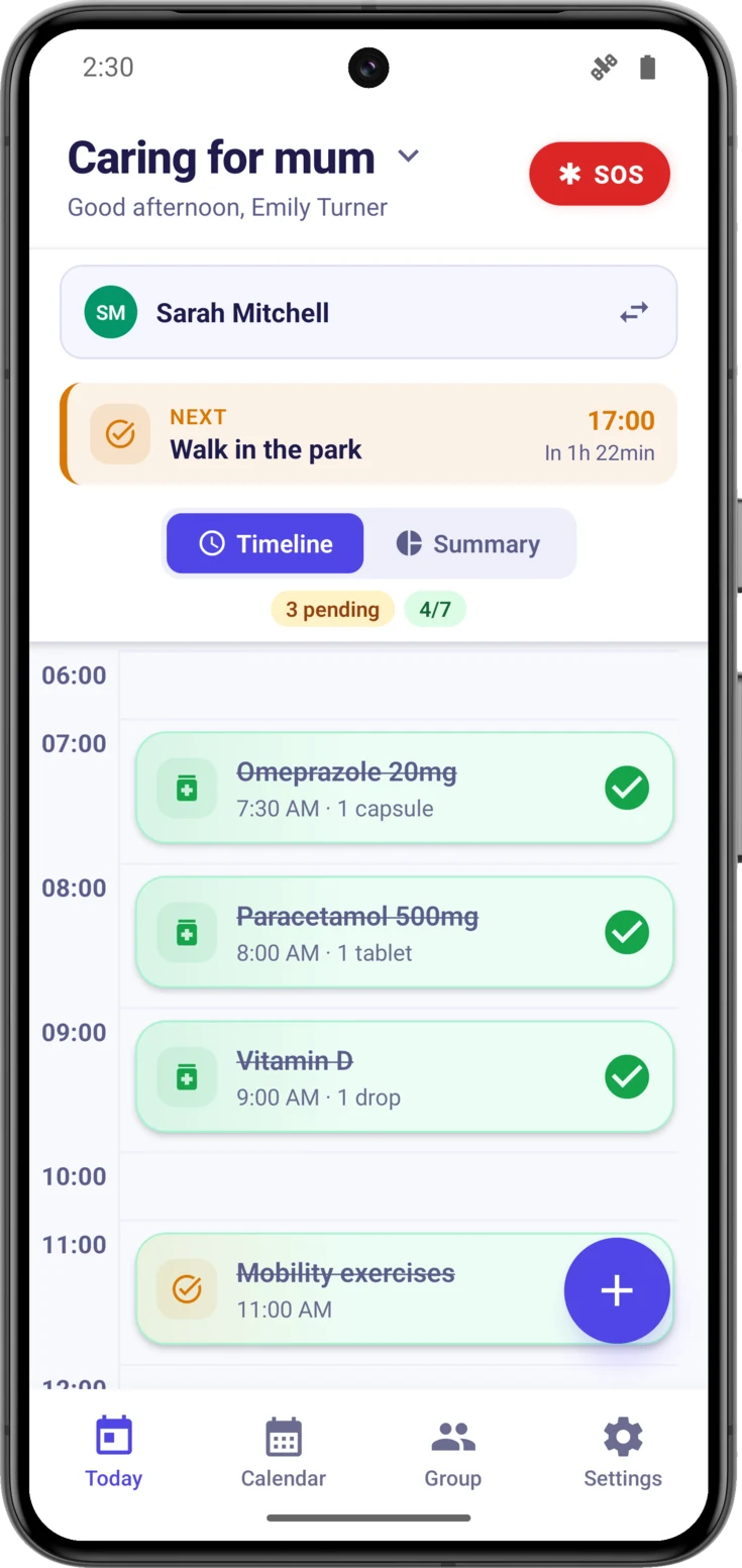 The timeline with the cards in Compact: one line per routine and the status circle on the right