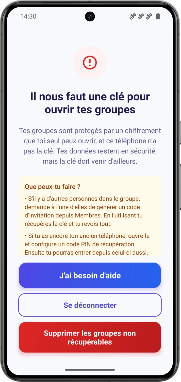 Écran «Il nous faut une clé», avec les trois options et les boutons du bas