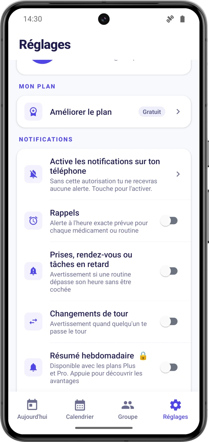 Le bloc de notifications avec l'autorisation du téléphone refusée