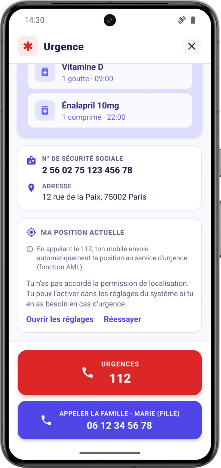 La carte quand l'autorisation est refusée, avec «Ouvrir les réglages» et «Réessayer»