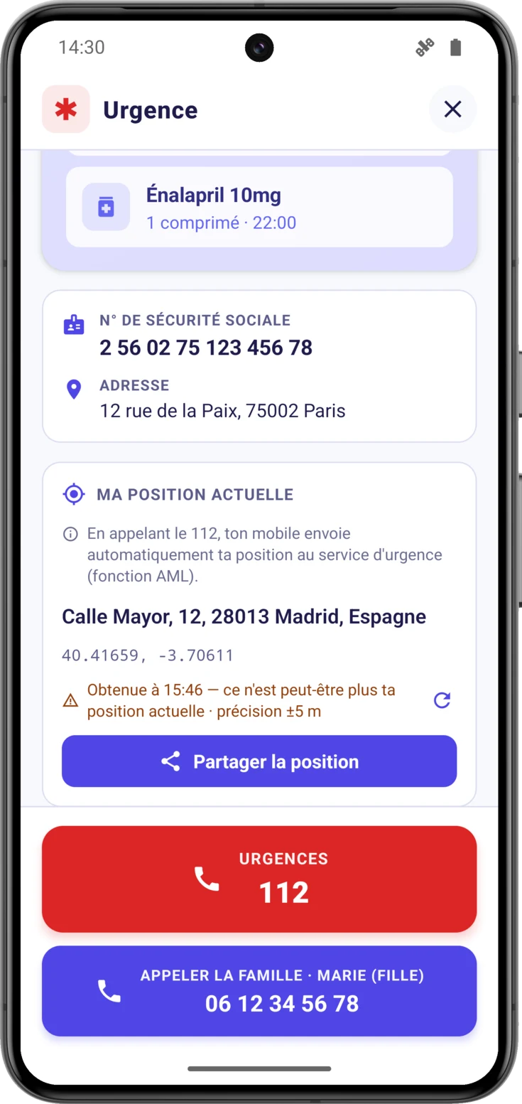 Ligne de l'heure et de la précision, avec l'avertissement ambre de position périmée
