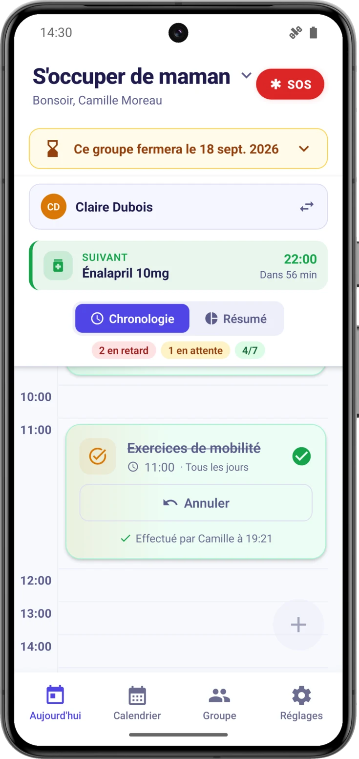Bannière repliée «Ce groupe fermera le…», avec les prises du jour marquées et le + éteint