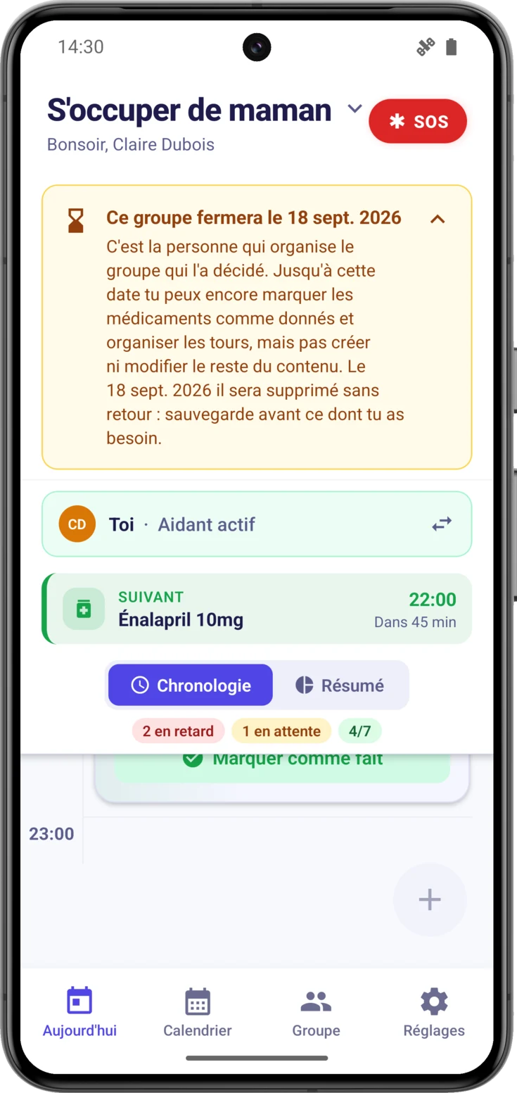 Le même avis ouvert, avec le texte pour qui n'organise pas le groupe et sans bouton pour annuler