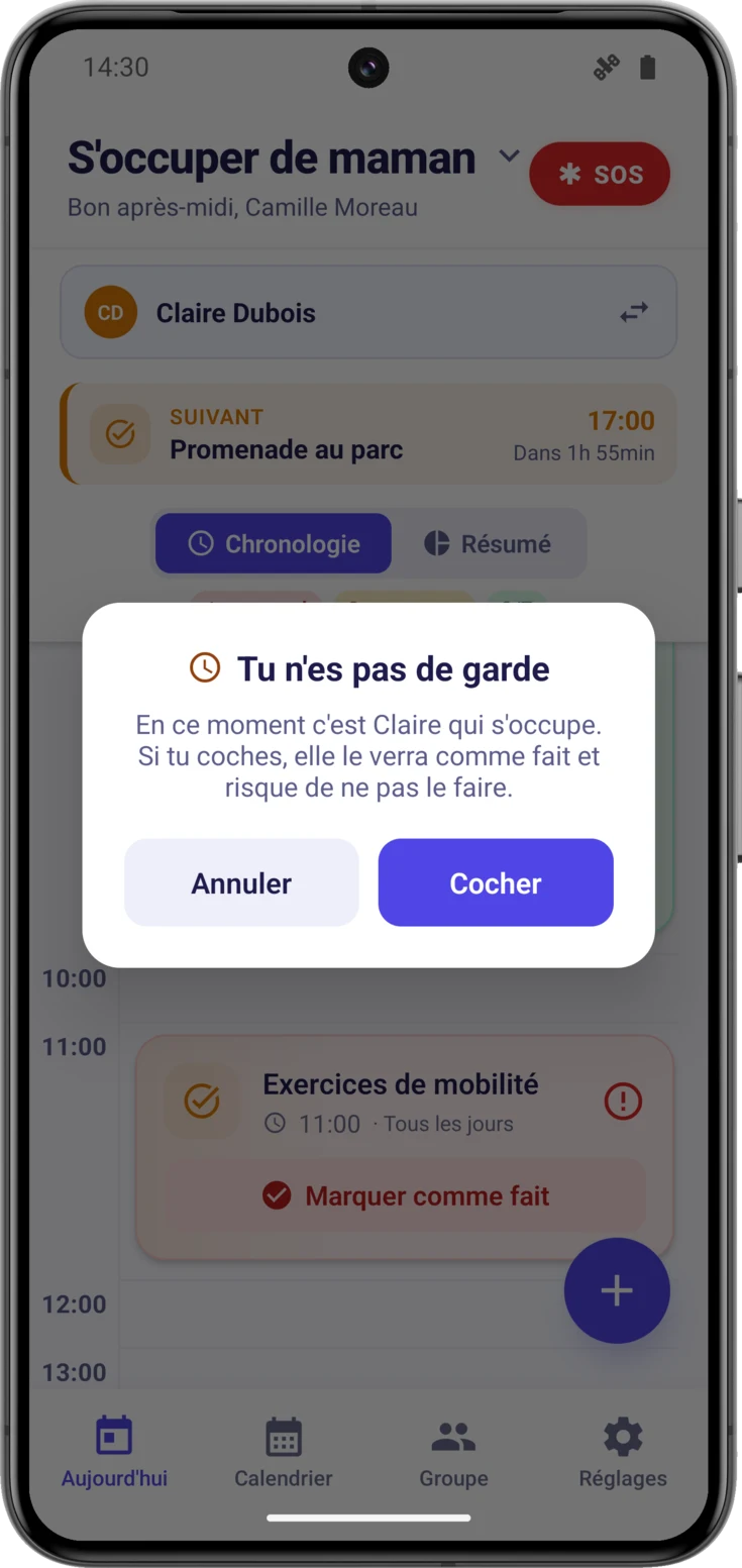 Boîte de dialogue «Tu n'es pas de garde» en cochant une prise sans avoir le tour