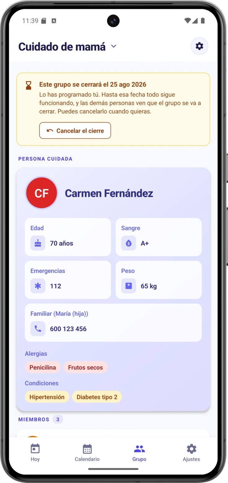 Franja ámbar «Este grupo se cerrará el…» encabezando la pantalla Grupo