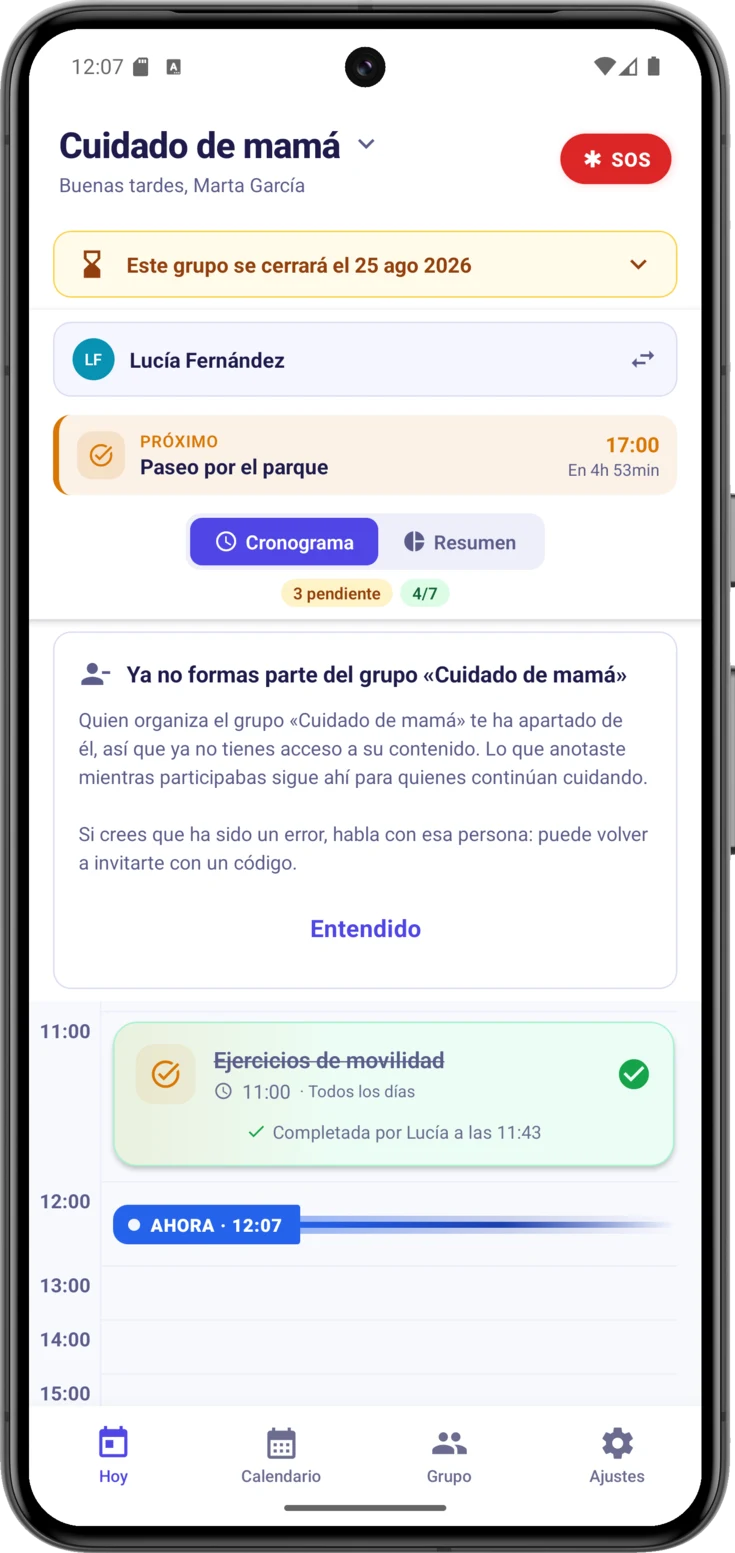 Tarjeta «Ya no formas parte del grupo…», sobre el cronograma y con el botón Entendido