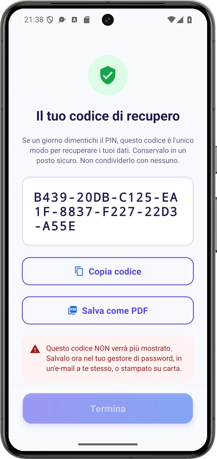Il tuo codice di recupero