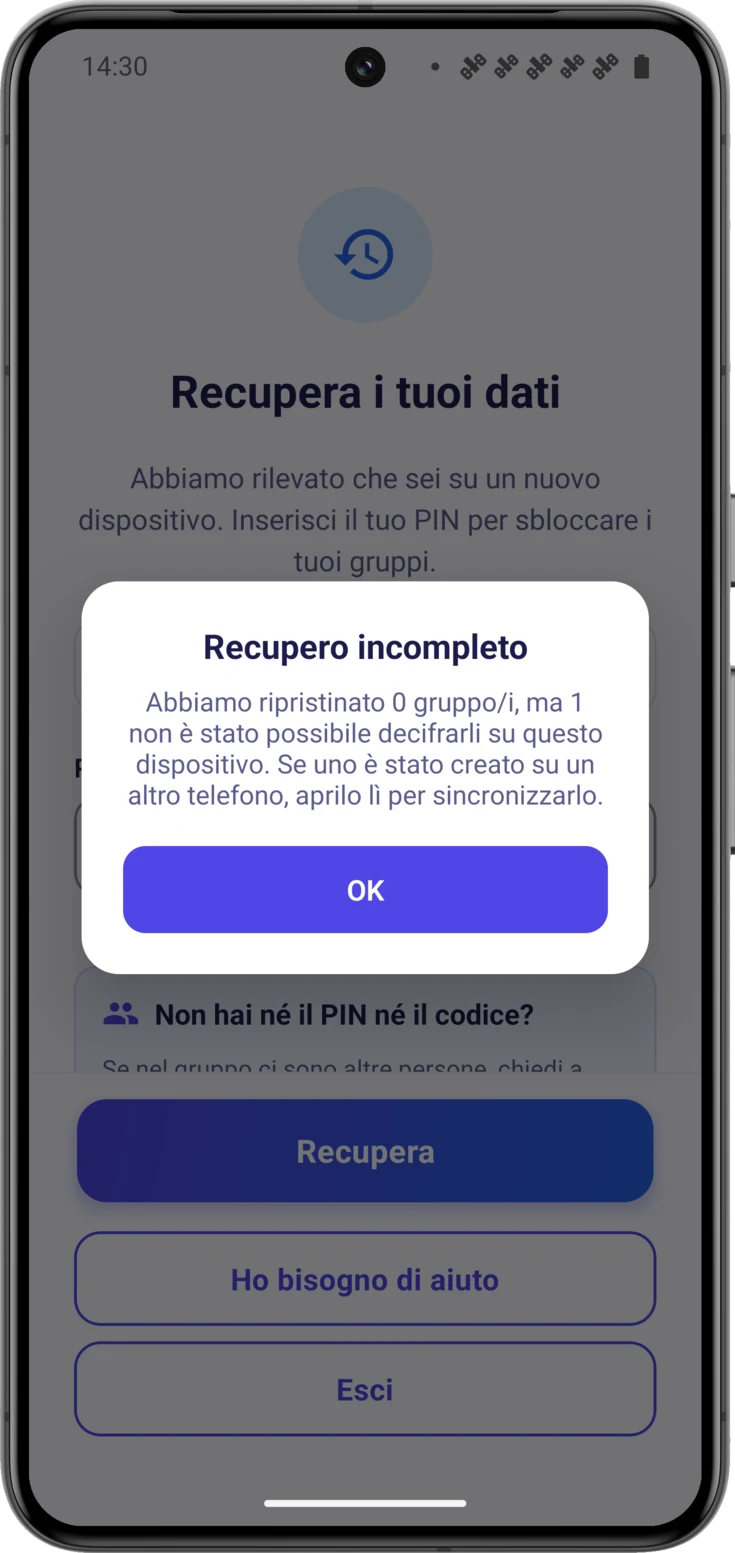 Avviso di recupero incompleto, con il conteggio dei gruppi recuperati e di quelli non riusciti