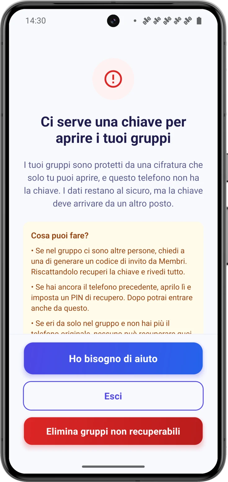 Schermata «Ci serve una chiave», con le tre opzioni e i pulsanti in fondo