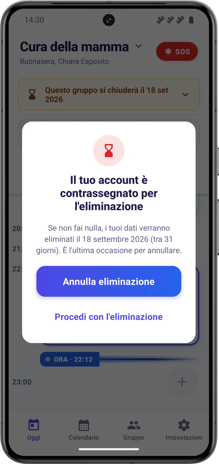 Finestra «Il tuo account è contrassegnato per l'eliminazione», con la data e i due pulsanti