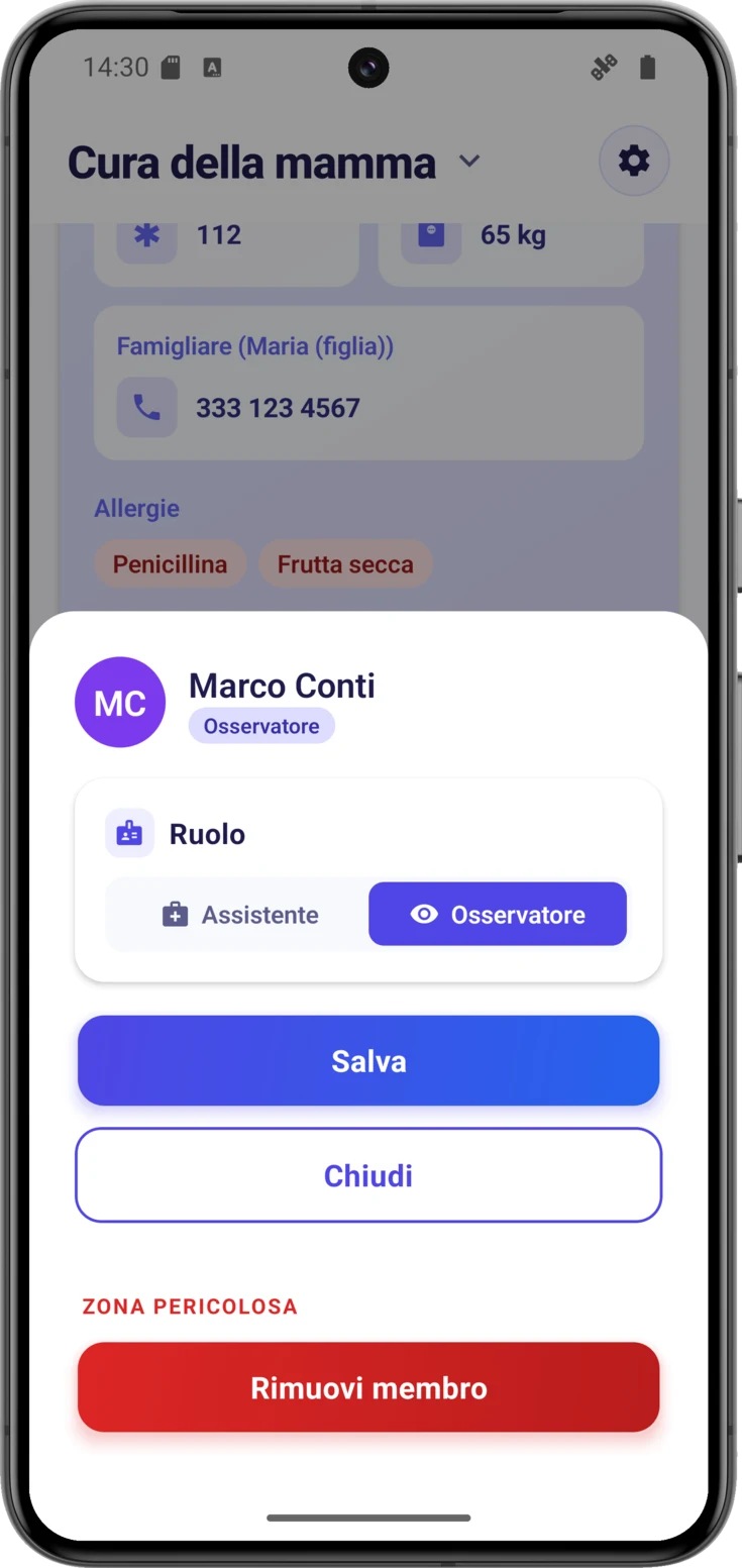 Editor dei permessi con Osservatore selezionato, senza interruttori sotto