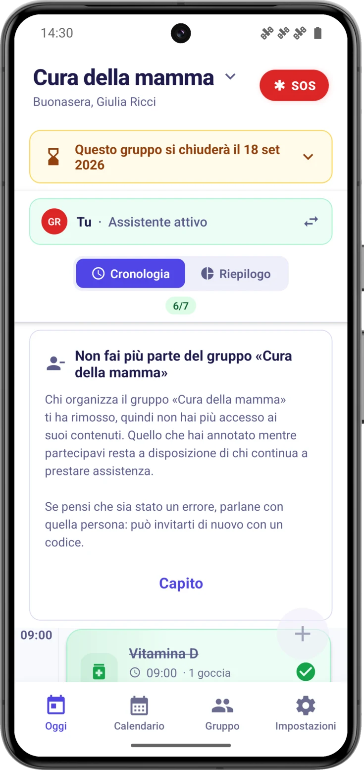 Scheda «Non fai più parte del gruppo…», sopra la cronologia e con il pulsante Capito