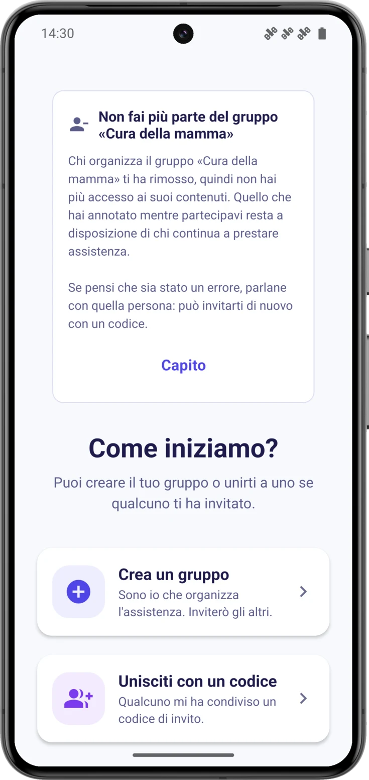 «Come iniziamo?» con il riquadro di avviso sopra ed «Esci» in fondo
