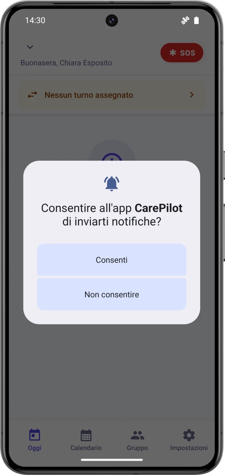 Finestra di sistema che chiede il permesso per le notifiche, sopra la schermata Oggi