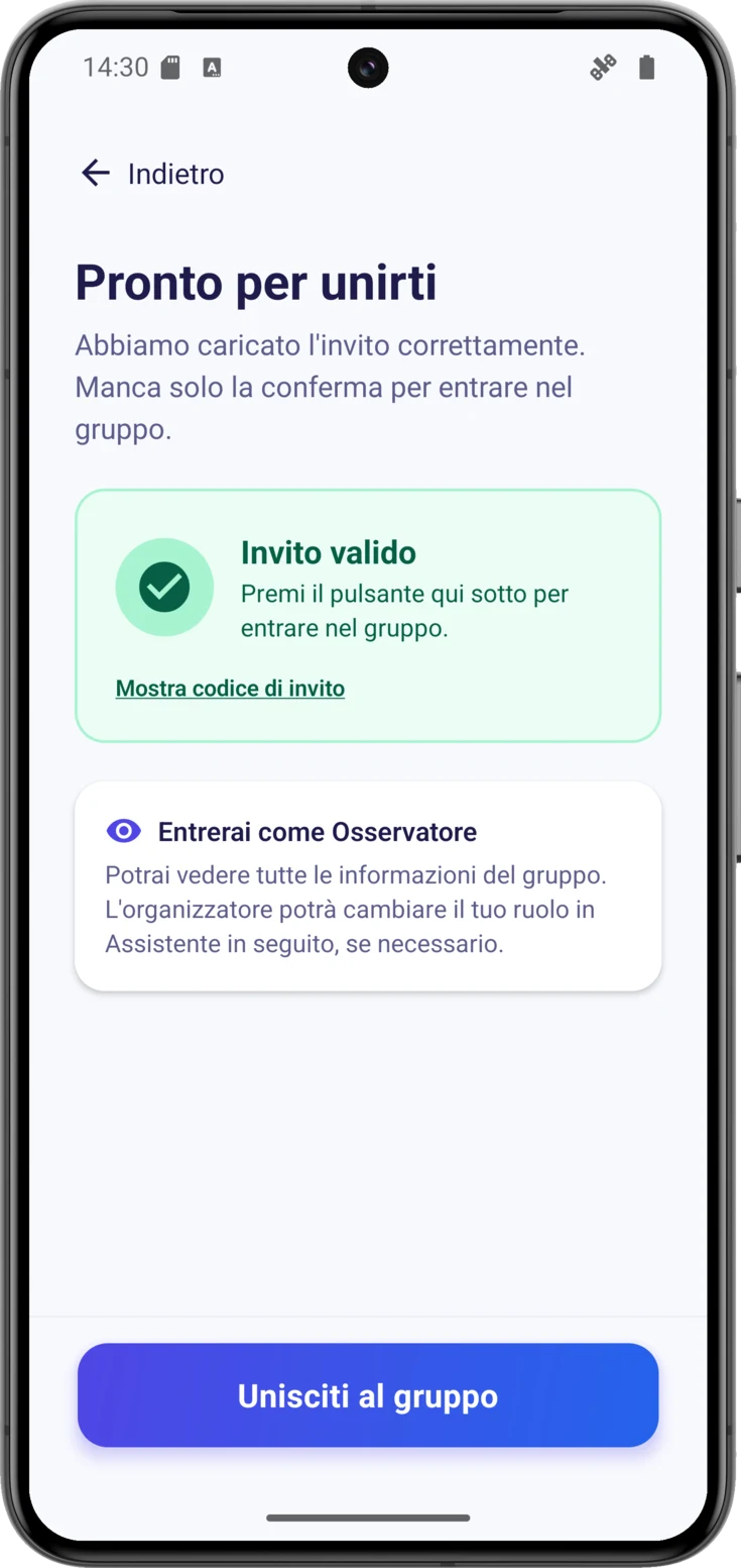 Schermata «Pronto per unirti» con il riquadro verde di invito valido