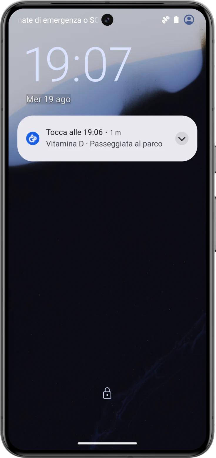 L'avviso sulla schermata di blocco, con l'ora e quello che tocca a quell'ora
